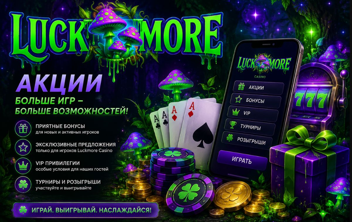 Промо-баннер акций LuckMore: бонусы, VIP, турниры и розыгрыши