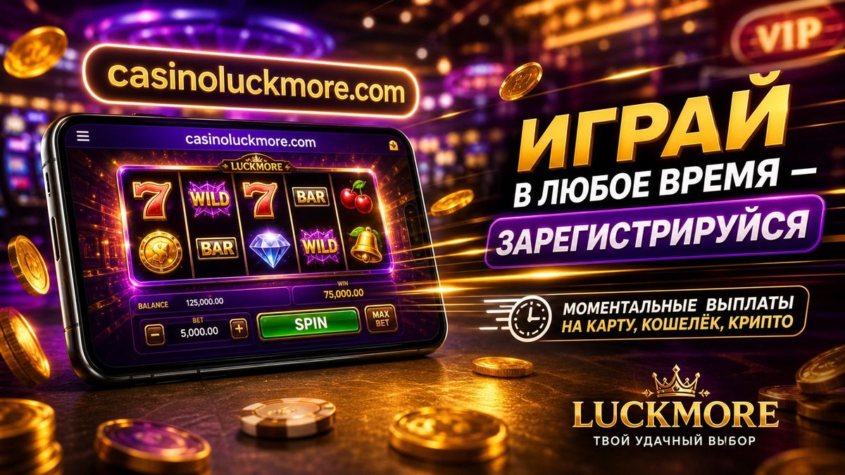Рекламный баннер casinoluckmore.com: играй в любое время, моментальные выплаты на карту, кошелёк и крипто