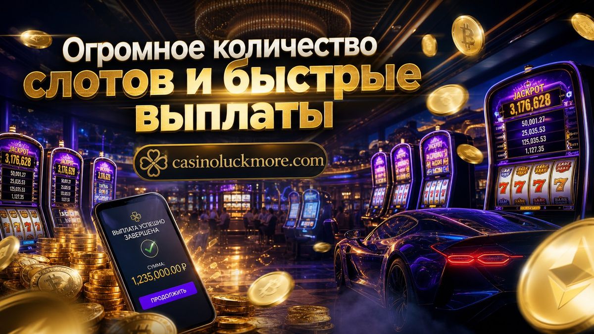 Рекламный баннер casinoluckmore.com: большой выбор слотов и быстрые выплаты