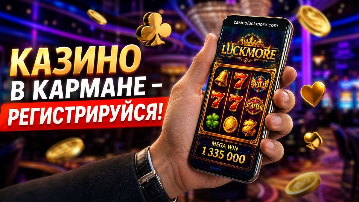 Рекламный баннер casinoluckmore.com: казино в кармане, призыв зарегистрироваться